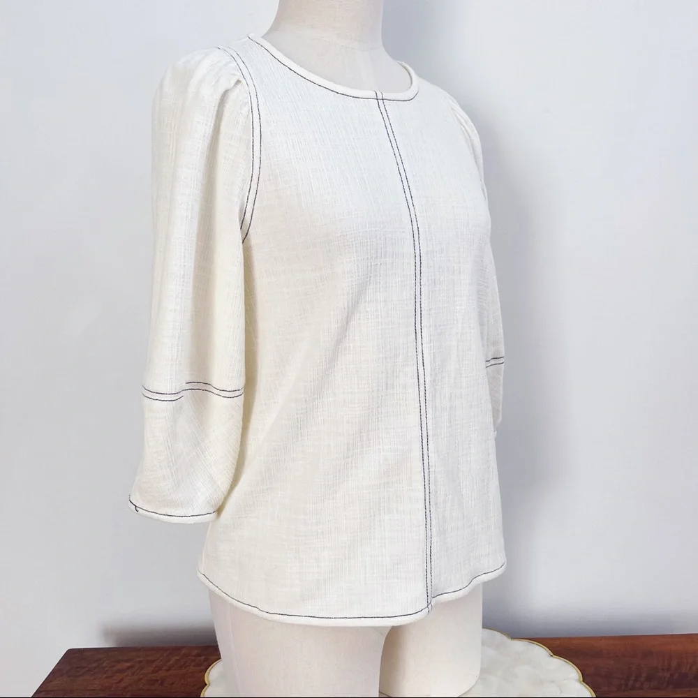 Anthropologie White 3/4 Puff Sleeve Light Cotton Blend Top Blouse Sz XS
